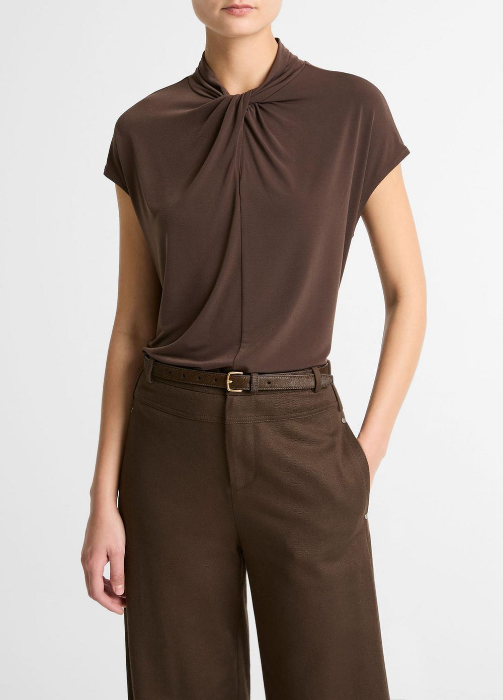 VINCE | Twist-Neck Matte Jersey Cap-Sleeve Top in Short Sleeve - DARK BARK