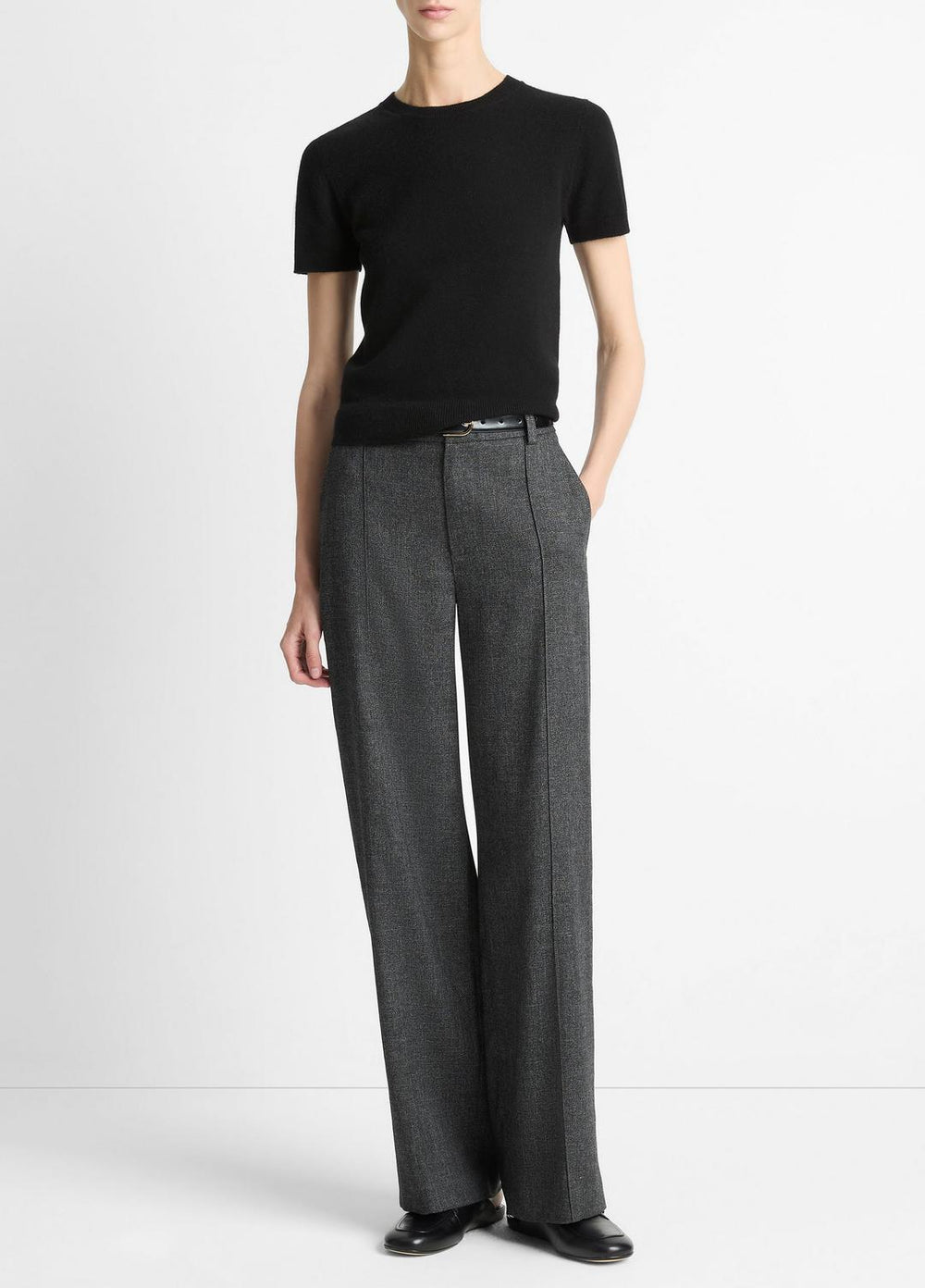 VINCE | Italian Jaspe Pintuck High-Waist Wide-Leg Pant in Wide Leg - MEDIUM HEATHER GREY