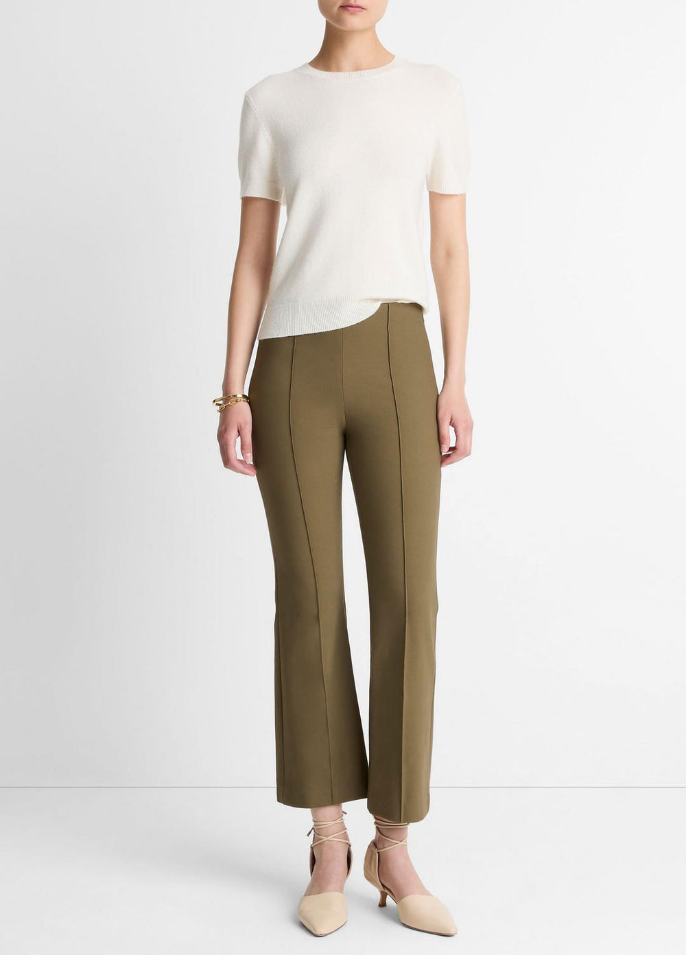 VINCE | Niki Mid-Rise Pintuck Crop Flare Pant in Trousers - CYPRESS