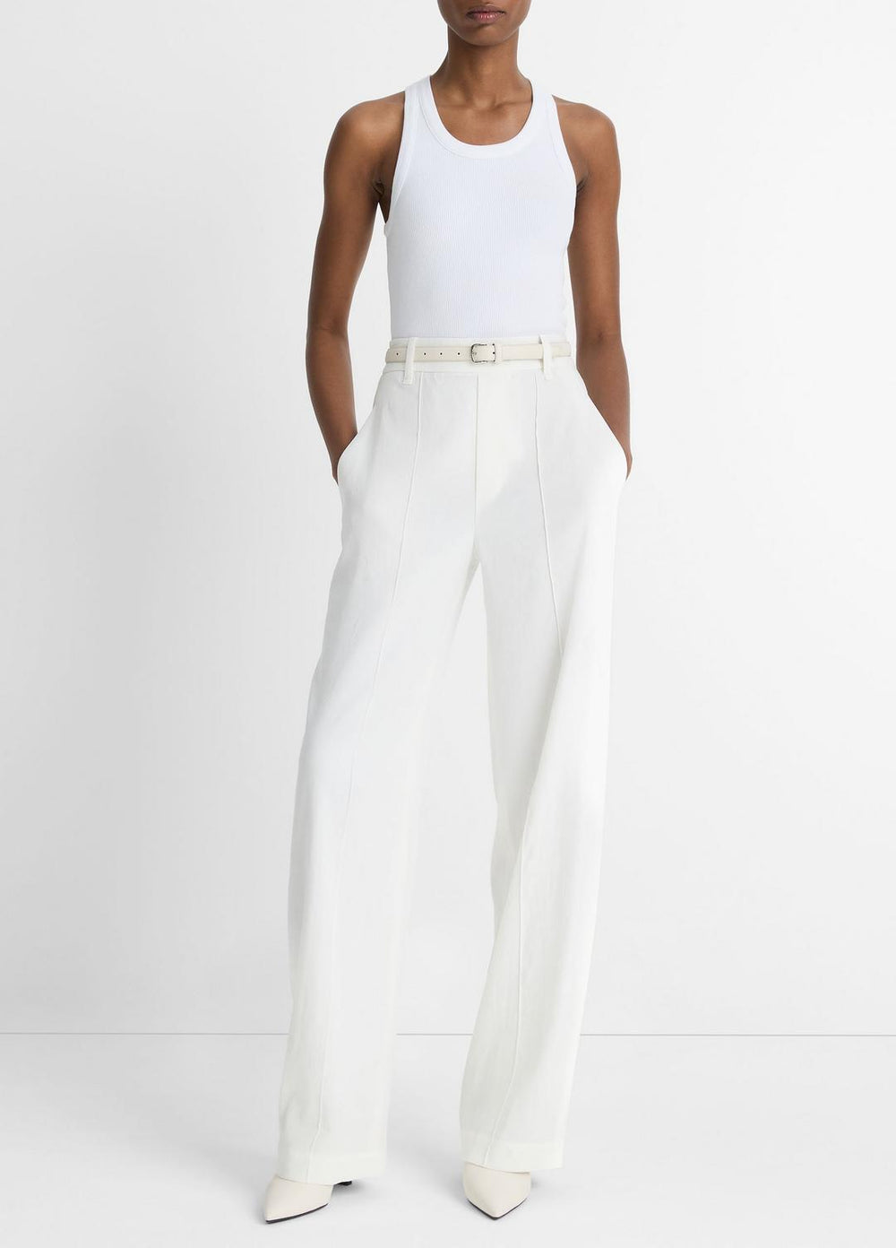 VINCE | Linen-Blend High-Rise Pull-On Pant in Trousers - OFF WHITE