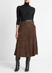 VINCE | Suede Mid-Rise Flared Skirt in Skirts - DEEP ESPRESSO