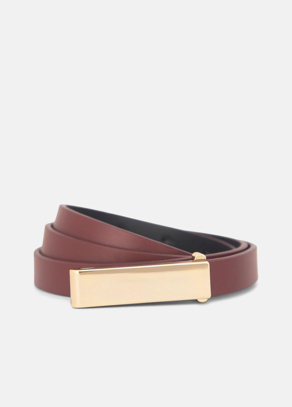VINCE | Women's 15mm Elongated Plaque Leather Belt in Belts - BORDEAUX