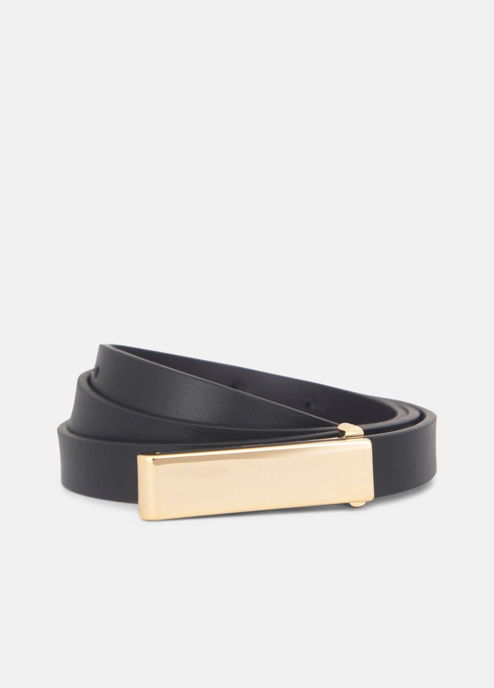 VINCE | Women's 15mm Elongated Plaque Leather Belt in Belts - BLACK/POLISHED GOLD