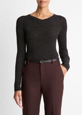 VINCE | Metallic Ribbed High V-Neck Sweater in Vince Products Women - BLACK METALLIC
