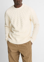 VINCE | Airspun Merino Wool Cable-Yoke Sweater in Crew Neck - LIGHT DUNE