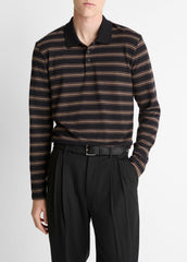 VINCE | Striped Cotton-Blend Long-Sleeve Polo Shirt in Henleys & Polos - BLACK COMBO