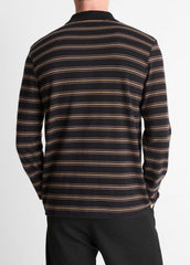 VINCE | Striped Cotton-Blend Long-Sleeve Polo Shirt in Henleys & Polos - BLACK COMBO
