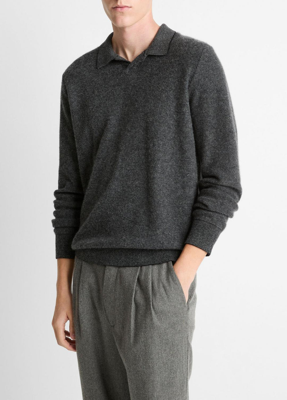 VINCE | Feed Stripe Plush Cashmere Johnny-Collar Sweater in Cashmere - BLACK/MEDIUM HEATHER GREY