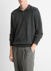 VINCE | Feed Stripe Plush Cashmere Johnny-Collar Sweater in Cashmere - BLACK/MEDIUM HEATHER GREY