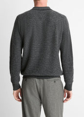 VINCE | Feed Stripe Plush Cashmere Johnny-Collar Sweater in Cashmere - BLACK/MEDIUM HEATHER GREY