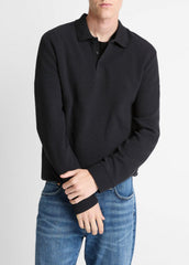 VINCE | Basket-Weave Cotton Long-Sleeve Polo Shirt in Henleys & Polos - COASTAL BLUE