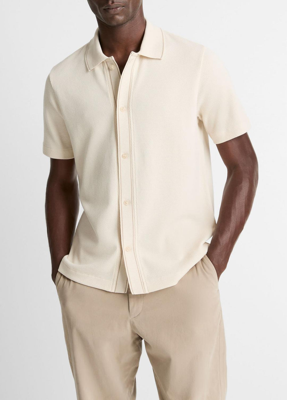 VINCE | Jacquard-Knit Cotton Short-Sleeve Button-Front Shirt in Short Sleeve - BONE/RIVER SAND