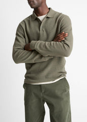 VINCE | Basket-Weave Cotton Long-Sleeve Polo Shirt in Henleys & Polos - SYCAMORE