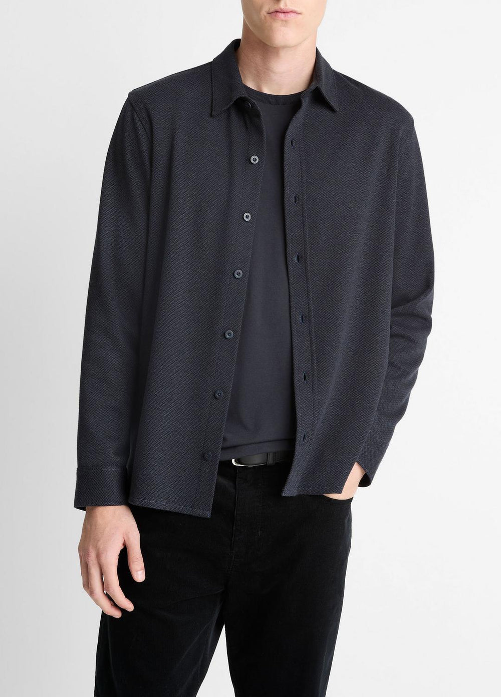 VINCE | Herringbone Cotton-Blend Button-Front Shirt in Long Sleeve - COASTAL BLUE
