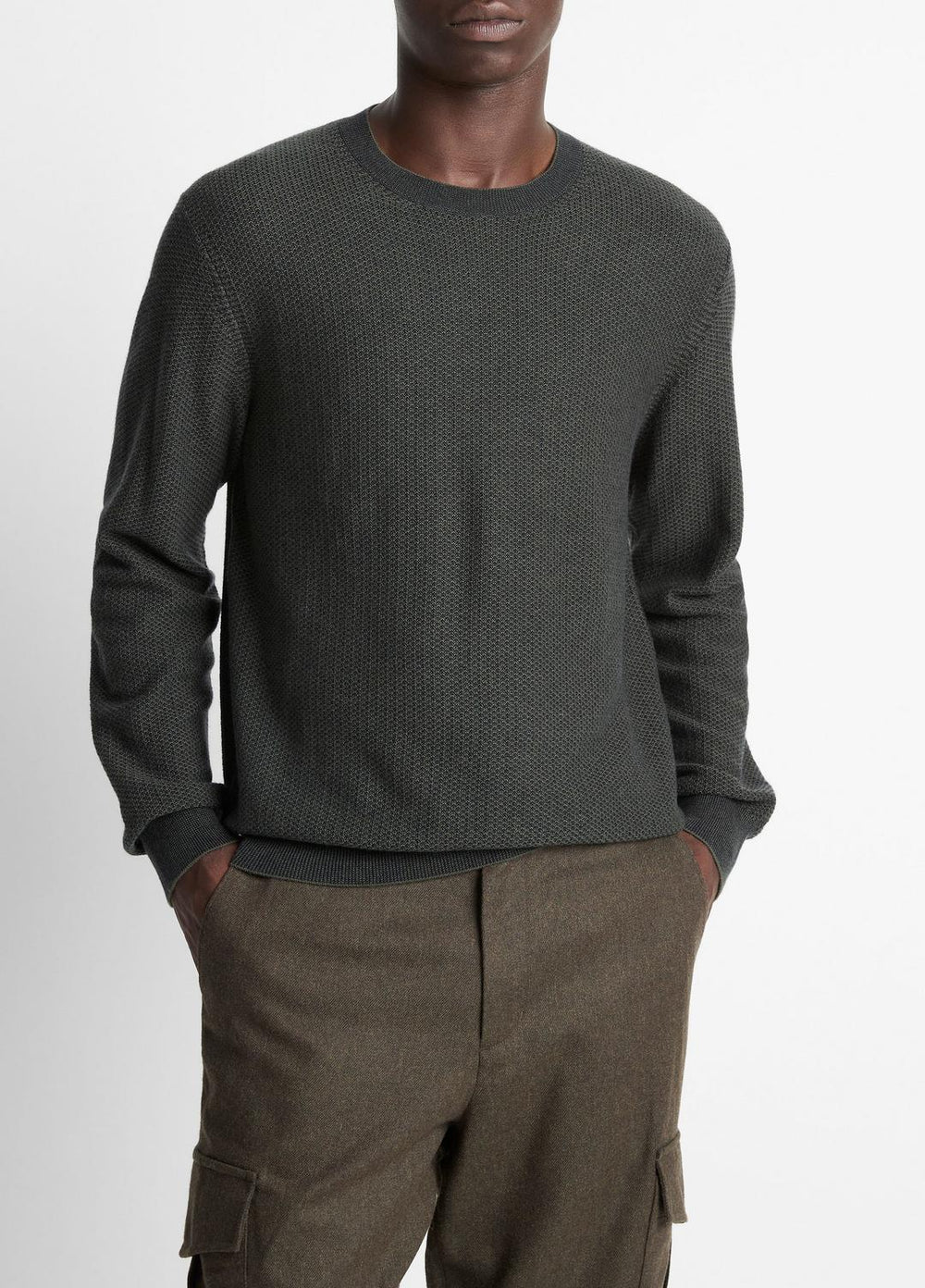 VINCE | Geo-Jacquard Wool-Blend Crew Neck Sweater in Crew Neck - DRIVER GREEN/COASTAL BLUE