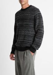 VINCE | Marled Stripe Merino Wool-Blend Sweater in Crew Neck - BLACK/MEDIUM HEATHER GREY