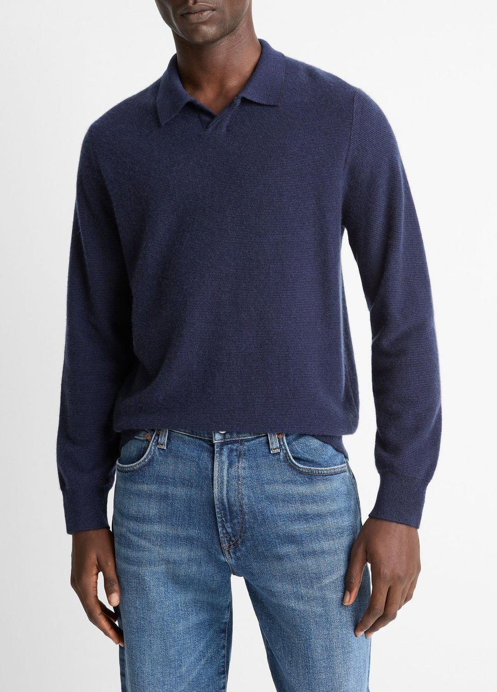 VINCE | Feed Stripe Plush Cashmere Johnny-Collar Sweater in Cashmere - COASTAL BLUE/DARK SAPPHIRE