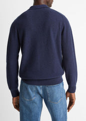 VINCE | Feed Stripe Plush Cashmere Johnny-Collar Sweater in Cashmere - COASTAL BLUE/DARK SAPPHIRE