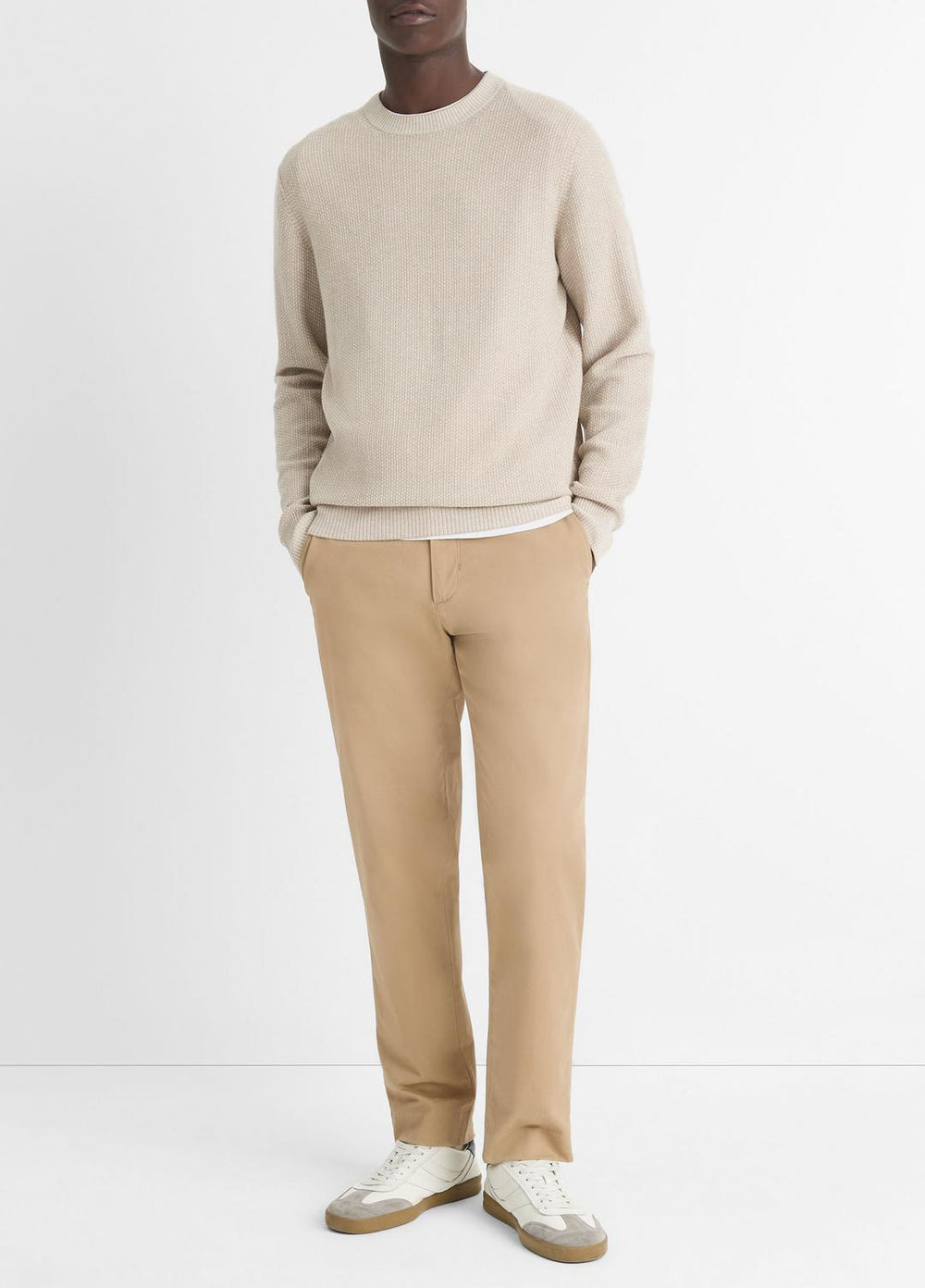 VINCE | Geo-Jacquard Wool-Blend Crew Neck Sweater in Crew Neck - BRITISH KHAKI/CLASSIC CREAM