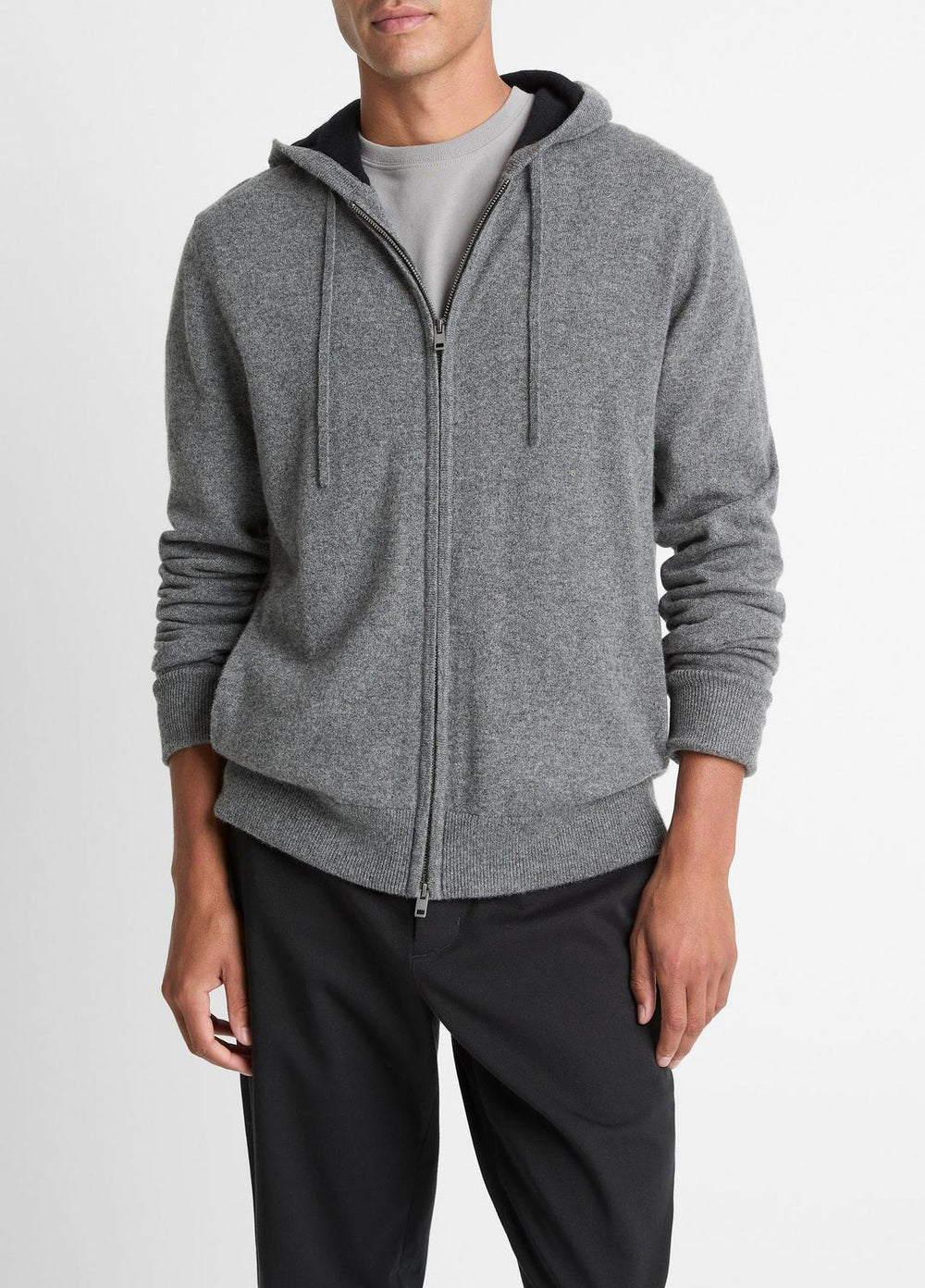 VINCE | Cashmere Zip-Front Hoodie in Cashmere - MEDIUM HEATHER GREY/BLACK