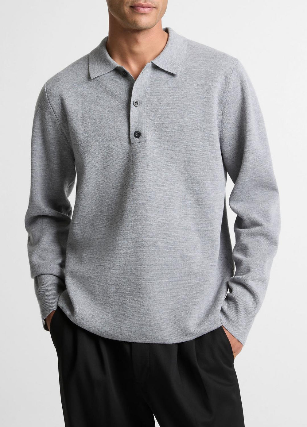 VINCE | Italian Merino Wool Milano Polo Sweater in Sweaters - HEATHER GREY