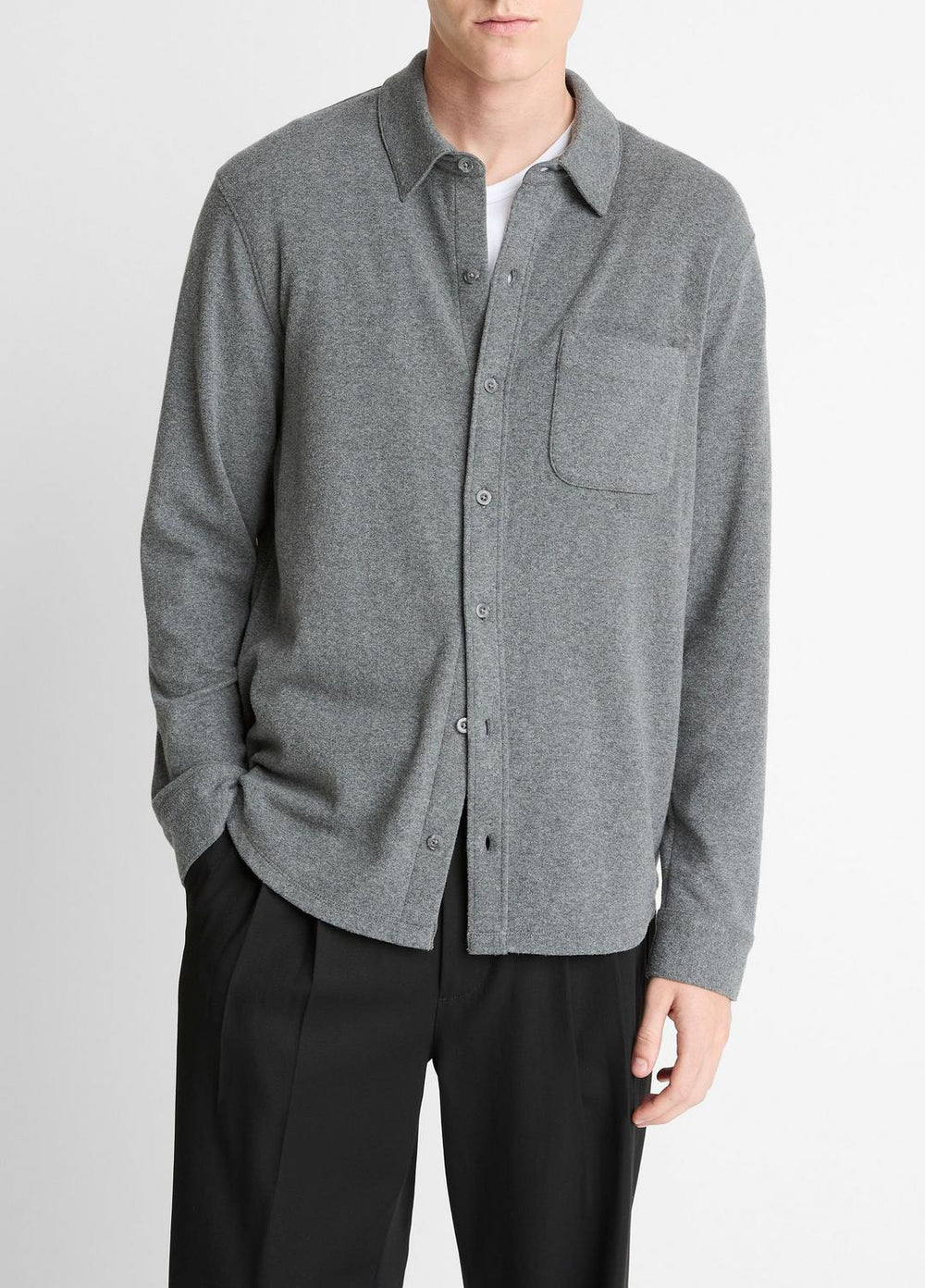 VINCE | Knit Cotton-Blend Button-Front Shirt in Long Sleeve - MEDIUM HEATHER GREY