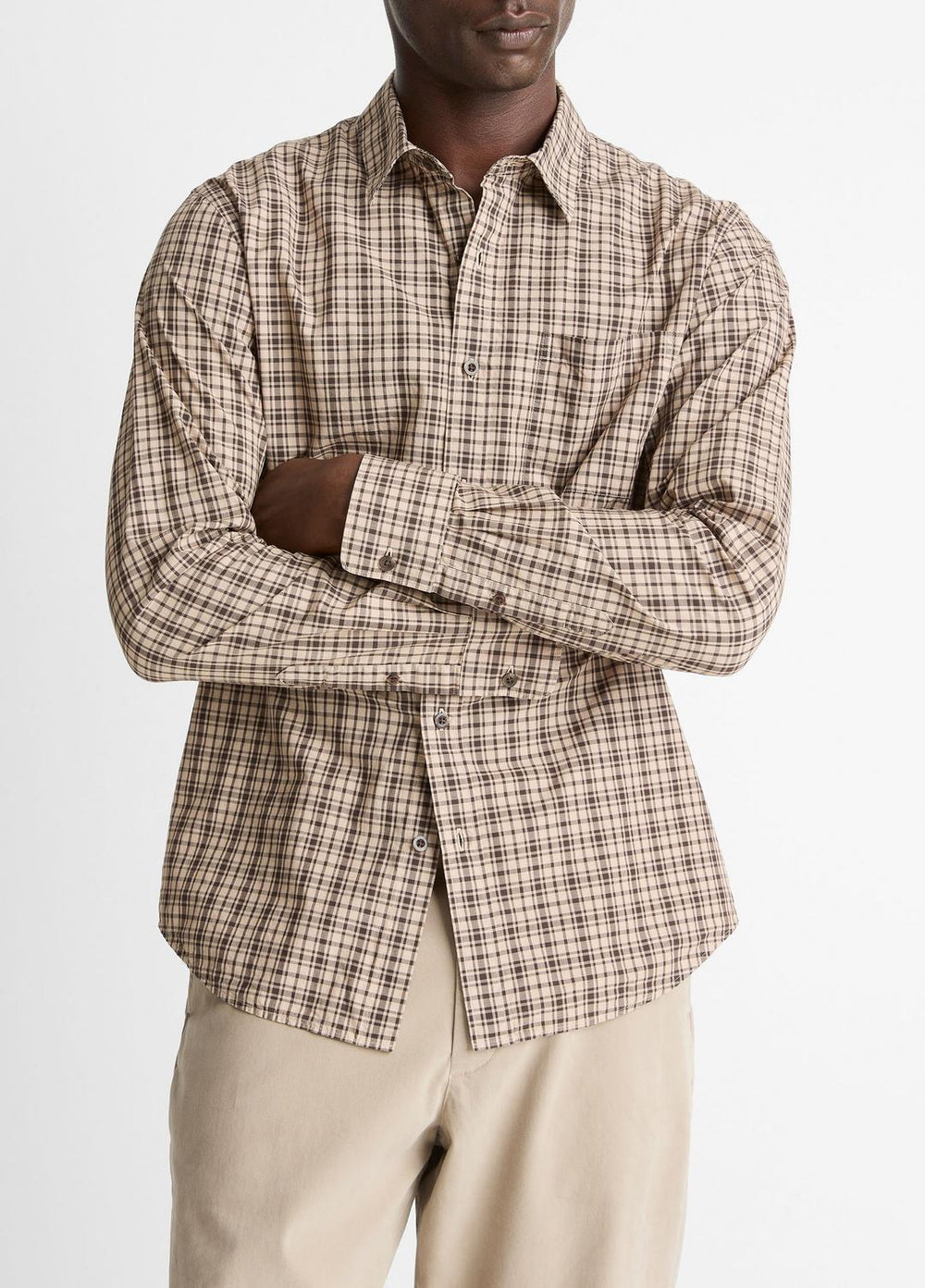 VINCE | Great Falls Plaid Cotton Button-Front Shirt in Long Sleeve - RIVER SAND/MISSION