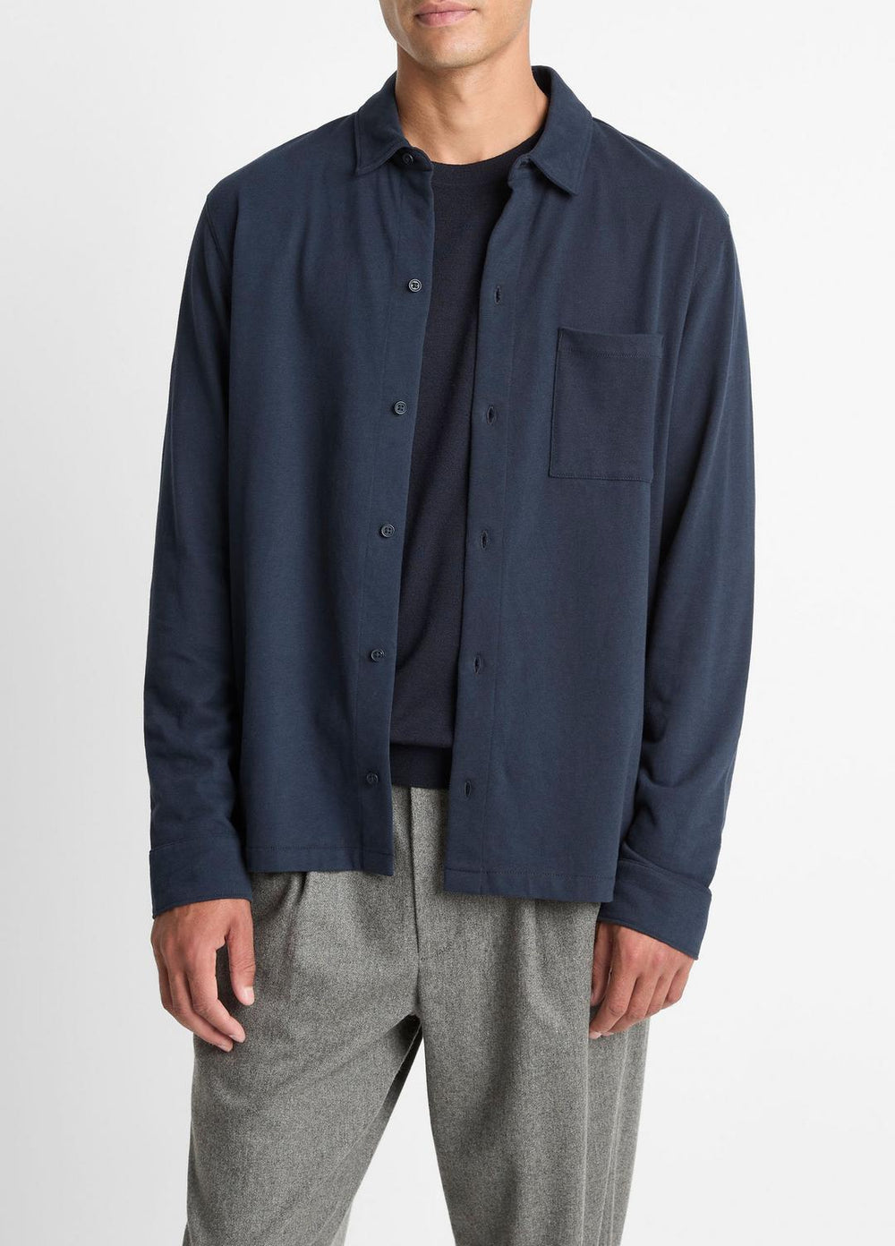 VINCE | Sueded Cotton Jersey Button-Front Shirt in Long Sleeve - COASTAL BLUE