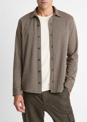 VINCE | Houndstooth Cotton-Blend Button-Front Shirt in Long Sleeve - DARK ROAST COMBO