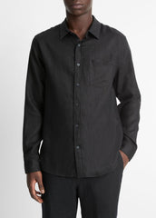 VINCE | Linen Long-Sleeve Shirt in Long Sleeve - BLACK