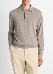 VINCE | Featherweight Merino Wool-Cashmere Polo Sweater in Long Sleeve - HEATHER SMOKE
