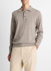 VINCE | Featherweight Merino Wool-Cashmere Polo Sweater in Long Sleeve - HEATHER SMOKE