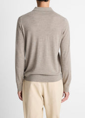 VINCE | Featherweight Merino Wool-Cashmere Polo Sweater in Long Sleeve - HEATHER SMOKE