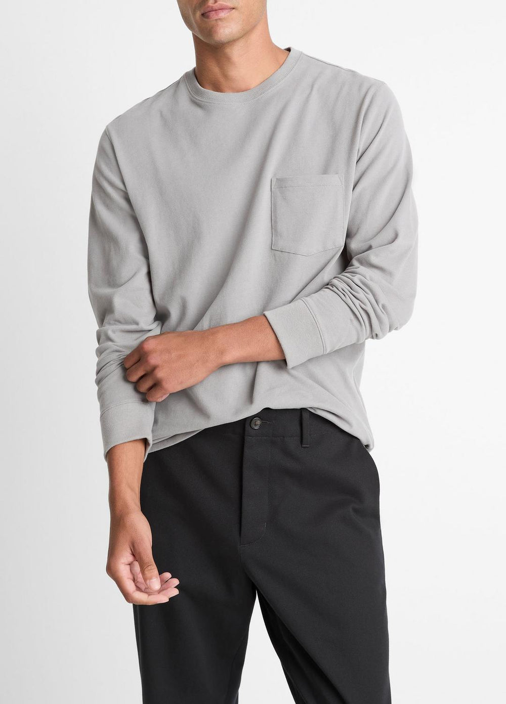 VINCE | Sueded Jersey Long-Sleeve Pocket T-Shirt in Long Sleeve - HEATHER MOUSE