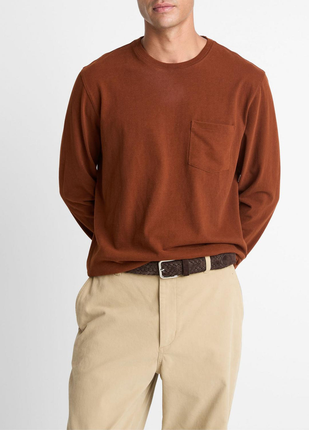 VINCE | Sueded Jersey Long-Sleeve Pocket T-Shirt in Long Sleeve - COPPERHEAD