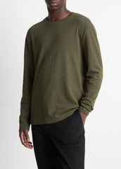 VINCE | Micro-Waffle Pima Cotton Double-Collar Long-Sleeve T-Shirt in Long Sleeve - DRIVER GREEN/BLACK