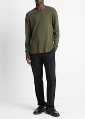 VINCE | Micro-Waffle Pima Cotton Double-Collar Long-Sleeve T-Shirt in Long Sleeve - DRIVER GREEN/BLACK