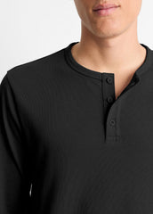 VINCE | Garment Dye Cotton Long-Sleeve Henley in Henleys & Polos - TRUE BLACK