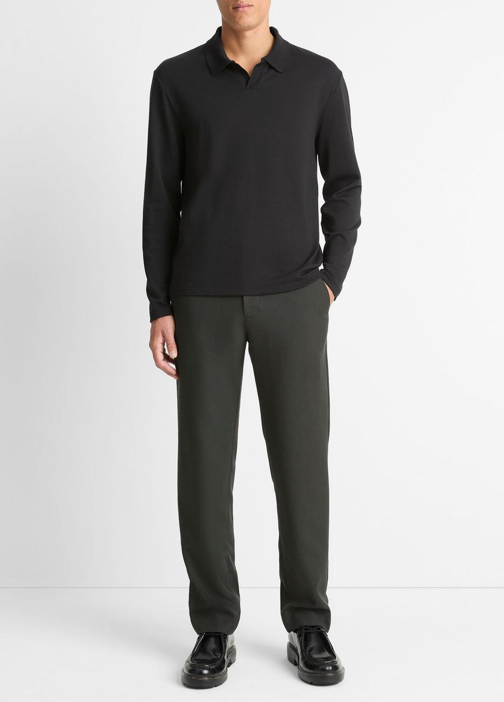 VINCE | Milano Pima Cotton-Blend Johnny-Collar Shirt in Long Sleeve - BLACK