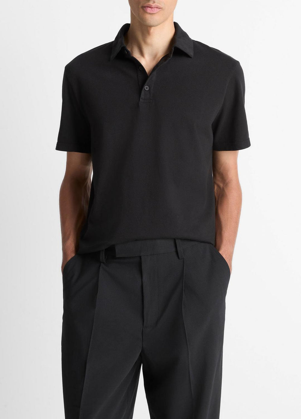 VINCE | Garment Dye Cotton Polo Shirt in Short Sleeve - TRUE BLACK