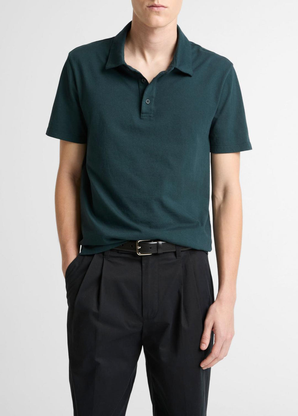 VINCE | Garment Dye Cotton Polo Shirt in Short Sleeve - WASHED SEAWEED