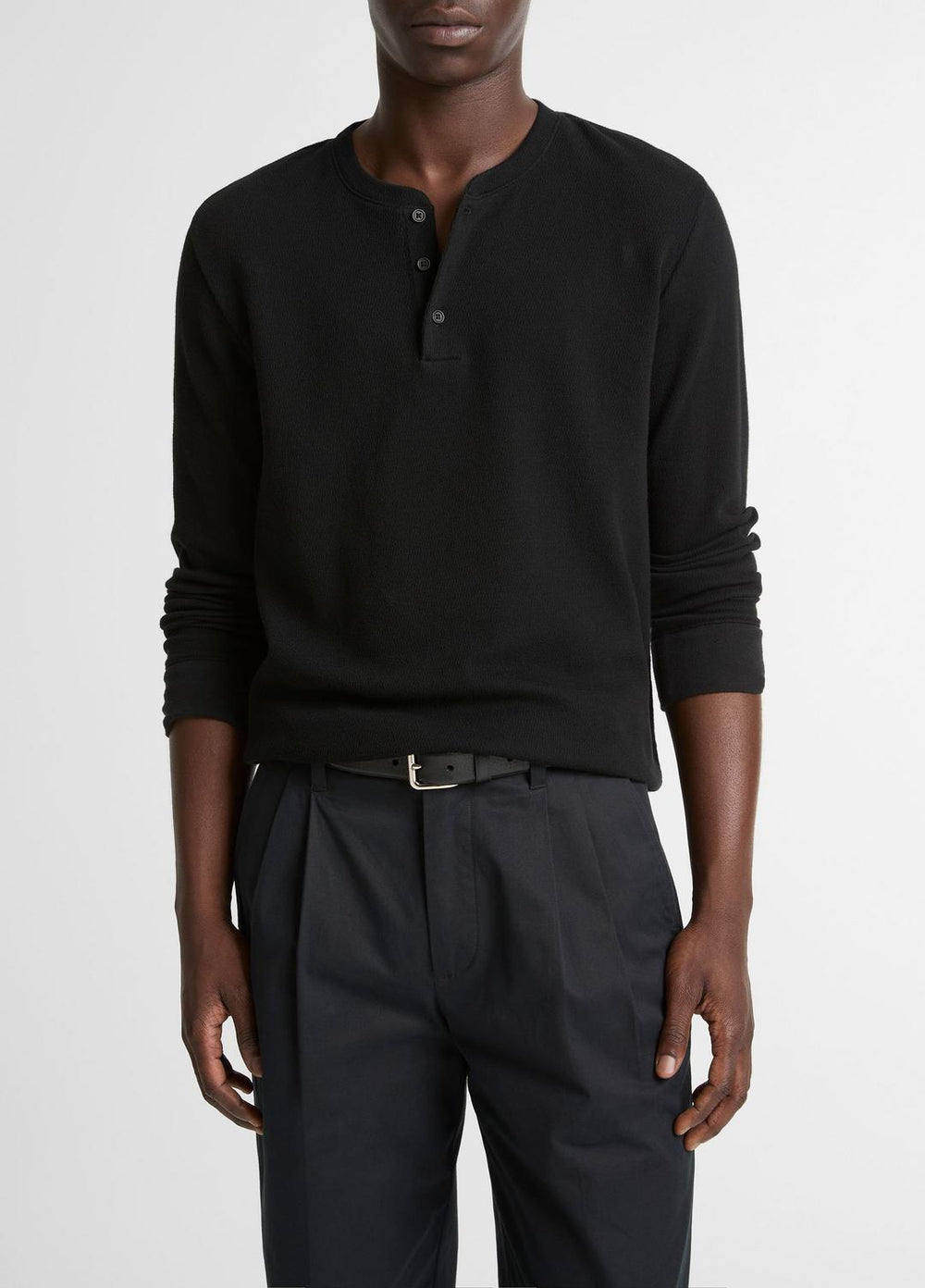 VINCE | Jacquard-Rib Cotton Henley in Long Sleeve - BLACK