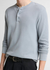 VINCE | Jacquard-Rib Cotton Henley in Long Sleeve - STEEL BLUE