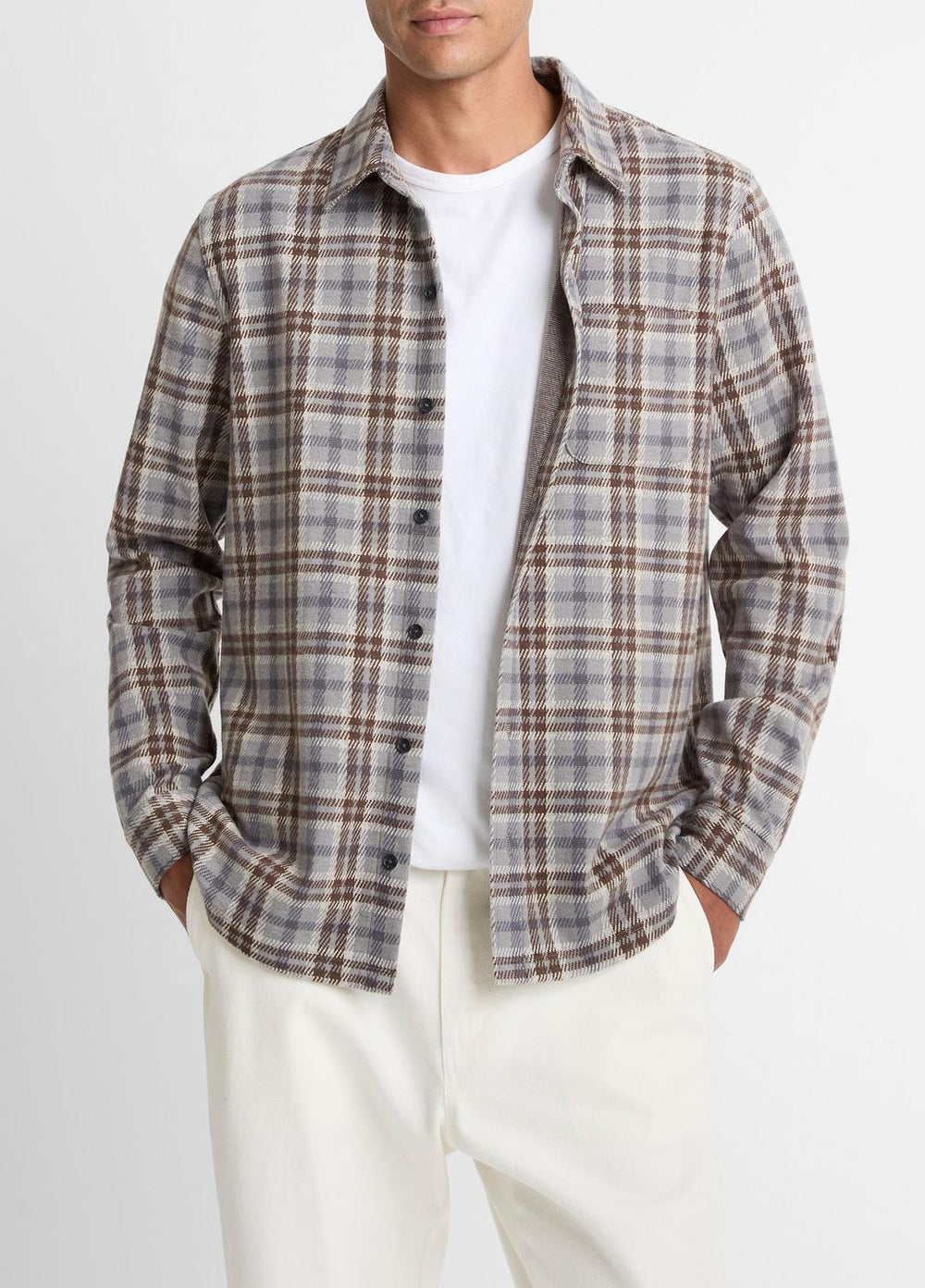 VINCE | Plaid Cotton-Blend Shirt Jacket in Shirt Jackets - HEATHER FOG COMBO