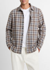 VINCE | Plaid Cotton-Blend Shirt Jacket in Shirt Jackets - HEATHER FOG COMBO