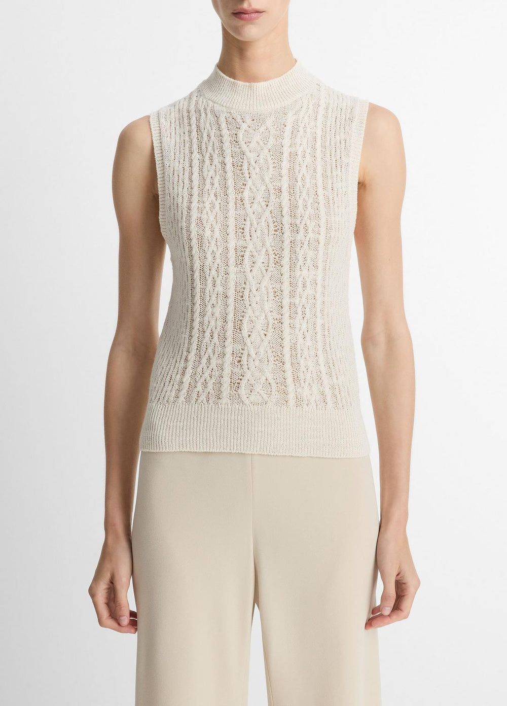 VINCE | Cable Cotton-Blend Double-Layer Shell in Sweaters - OFF WHITE/GOLD CLIFF