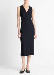 VINCE | Ribbed Cotton-Blend Button-Front Dress in Dresses & Skirts - COASTAL BLUE