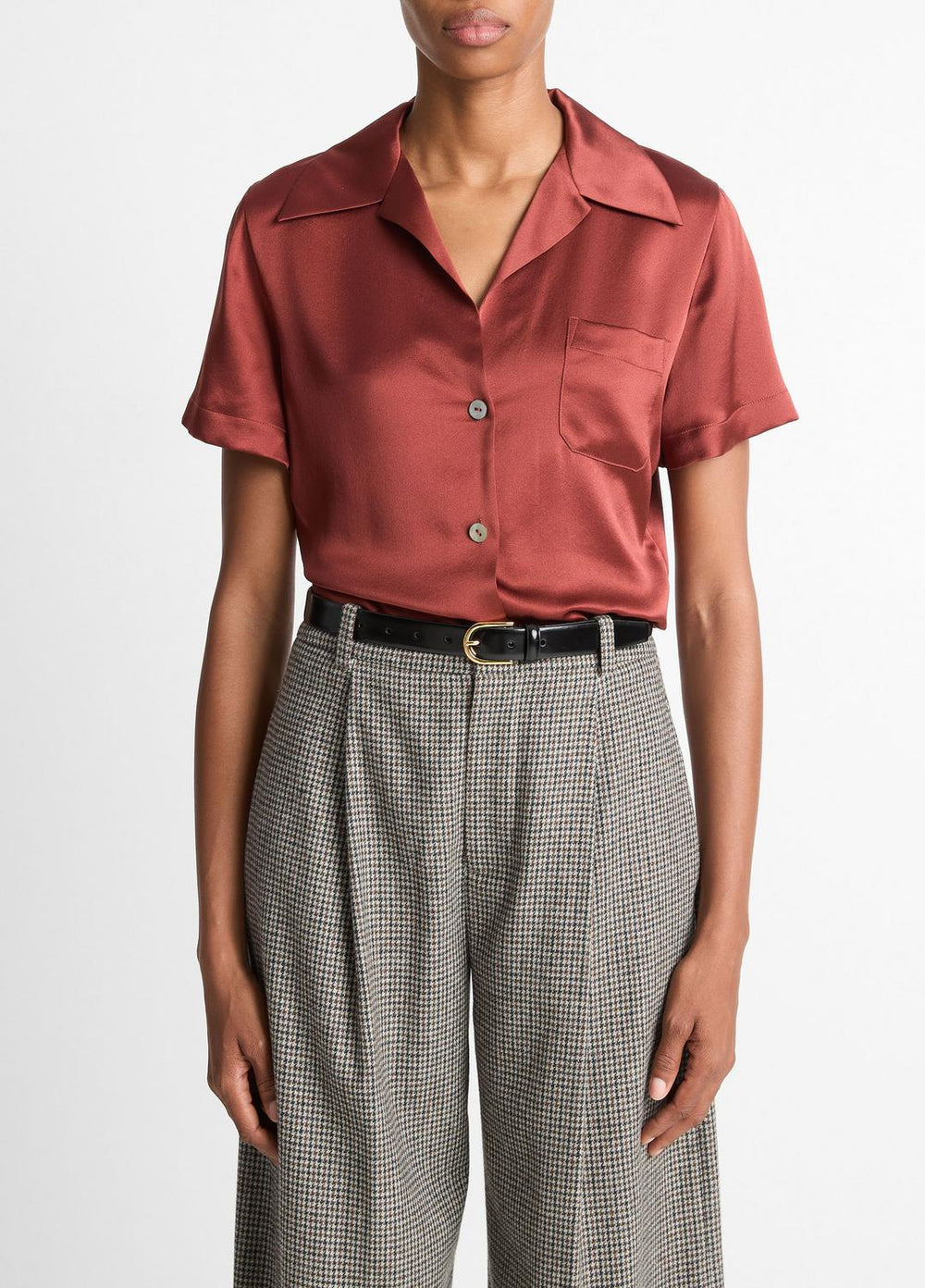 VINCE | Silk Short-Sleeve Button-Front Shirt in Shirts & Tees - SIENA