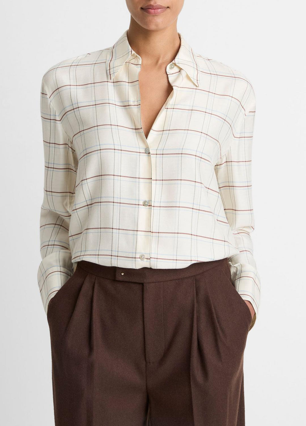 VINCE | Checked Plaid Button-Front Shirt in Shirts & Tees - CREAM MULTI