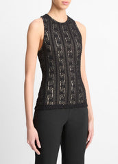 VINCE | Smocked Lace Shell in Shirts & Tees - BLACK
